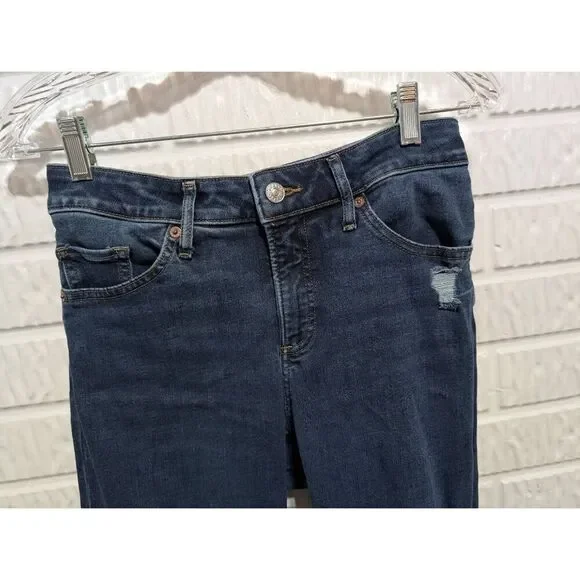 Express Women's Blue Dark-Wash Distressed Skinny Mid-Rise Denim Jeans Size 6L - Picture 3 of 6